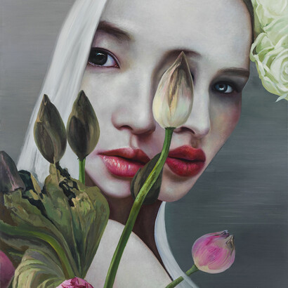 Ling Jian. Lotus and Rose, oil on canvas, 180 x 150 cm, 2012
