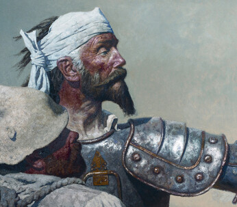 Gueli Zorzhev. "Don Quijote y Sancho Panza" (1977-84). Óleo sobre lienzo, 108 x 226 cm., detail. Museum of Russian Art, Minnesota, Estados Unidos.