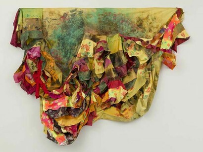 Ann Shostrom, “Fandango” 2014 62” x 82”, fabrics, dyes, wax, thread