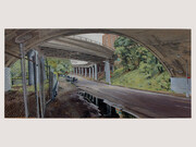 Rackstraw Downes, Below the Hospital Complex at 168th Street, 2012, Oil on canvas, 11 x 23 inches