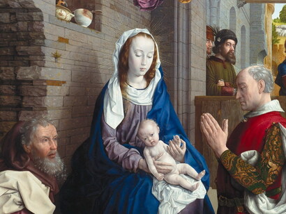 Die Anbetung der Könige, Hugo van der Goes, ca. 1470. Ausschnitt, Detail: Maria und Jesu