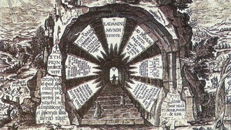 Porta Amphitheatri Sapientiae Aeternae. Incisione tratta dall'Amhitheatrum Sapientae Aeternae (Anfiteatro della saggezza eterna) di Henricus Khunrath, pubblicato originariamente nel 1595. Il libro fu reso più accessibile in un'edizione ampliata con l'aggiunta di altre incisioni pubblicate postume nel 1609