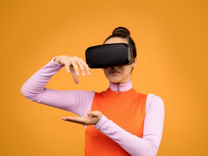 As she explores virtual realms through her VR headset, AI enhances the realism and depth of her adventure, making every moment feel incredibly authentic