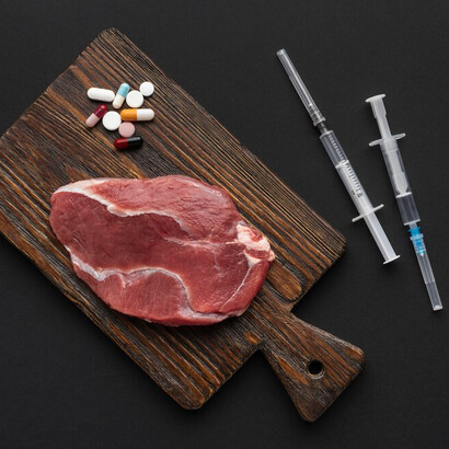 Lab-grown meat, showcased alongside traditional cuts, presented on a sleek black surface