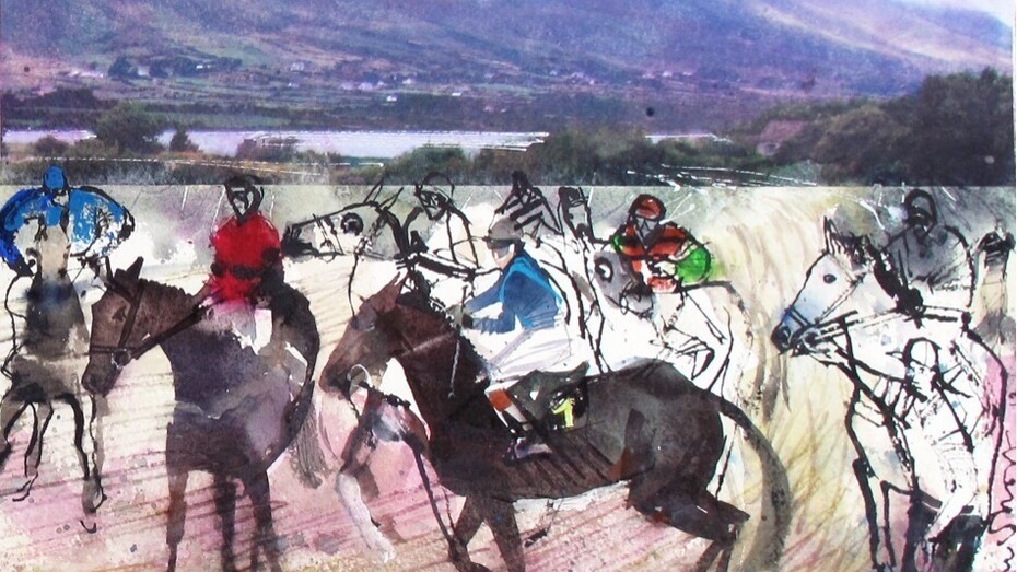 John Short, Horse race I (detail), Caherciveen, County Kerry, ink, watercolour and photo transfers, 83 x 31 cm