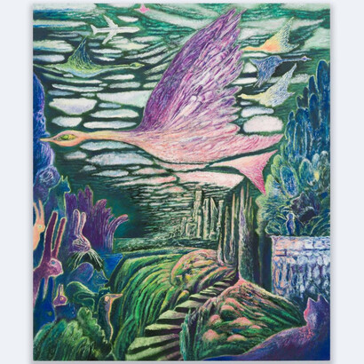 Raymie Iadevaia, City in the Clouds, 2023, oil on wood panel, 36x30 inches. Courtesy of the artist and Jack Barrett Gallery