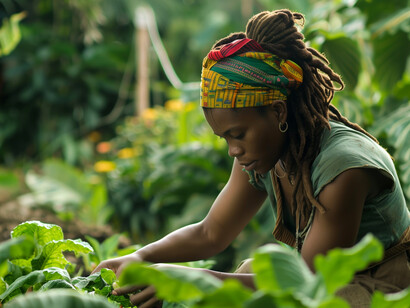 A woman harvesting produce by hand, representing the daily efforts required to sustain communities