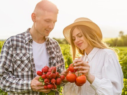 A couple tending to their vegetable garden, highlighting the role of sustainable practices in agriculture and food production
