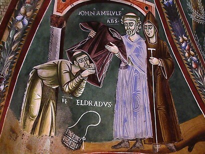 Sant'Eldrado entra in monastero. Cappella di San Eldrado, abbazia dei Santi Pietro e Andrea, meglio nota come abbazia di (o della) Novalesa, Italia