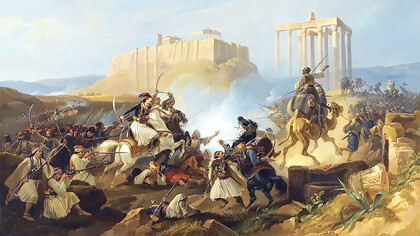  The painting depicts an idealized battle, supposedly fought near the ruins of the Temple of Zeus and around the Acropolis of Athens. The equestrian leader of the Greeks (left to center) looks like Georgios Karaiskakis (center)