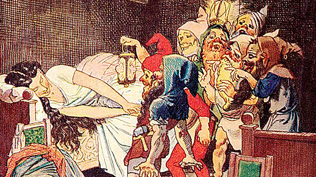 Snow White slumbers upon the bed, while the Seven Dwarfs patiently await her awakening