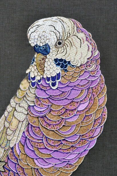 Zara Merrick 
'Purple and Gold Budgie'
Hand Embroidery 
80x80cm

