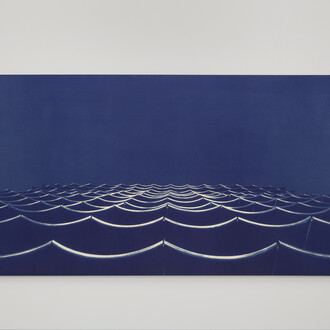 Bridget Smith, Blueprint for a Sea (series), 2015, four cyanotype prints on aluminium, five opaline globe lights, Courtesy Focal Point Gallery, Photo: Manuela Barczewski
