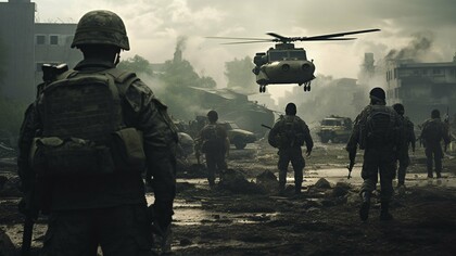 Soldiers walking through mud and ruins as a helicopter hovers above, representing the human toll within technologically driven conflict
