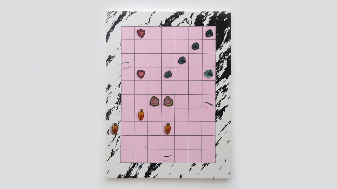 Bruno Novelli, Grid Com Cajus, 2017, acrylic on canvas, 70 x 58 in. (177.8 x 147.32 cm).