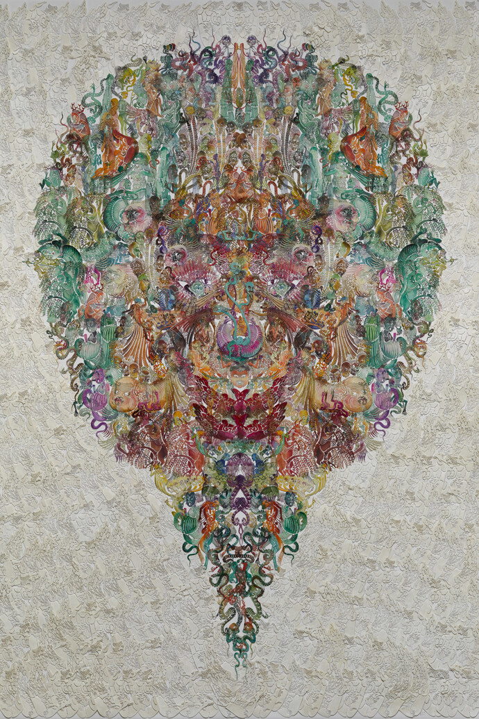 Wu Jian'an, Faces-Oriole, 2014, Hand dyed and waxed paper-cut, cotton thread, paper, 81 x 65 in (206 x 165 cm). Courtesy of the artist and Chambers Fine Art