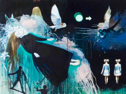 Natacha Ivanova, Dangerous sleeping partners,  2007, huile sur toile (polyptyque) 195 x 500 cm, détail