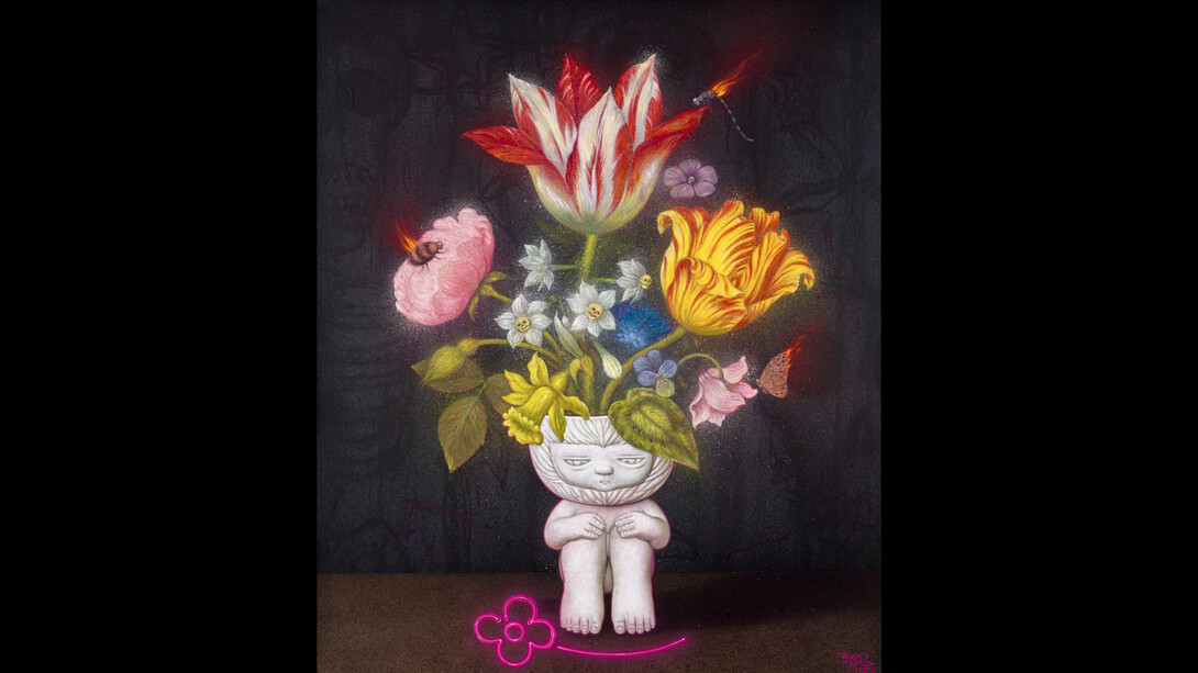 Alex Face, Pink Shadow, 2023, acrylic, spray, oil on linen 120x100 cm, © 2023 Alex Face. Courtesy the artist, Bangkok CityCity Gallery and Dorothy Circus Gallery