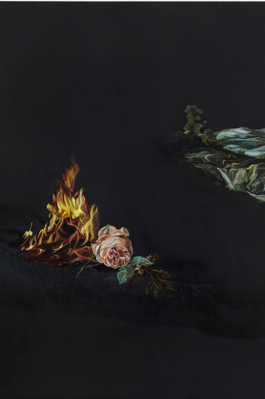 Emma Bennett, And the wind rose, 2015, oil on oak, 25 x 20 cm