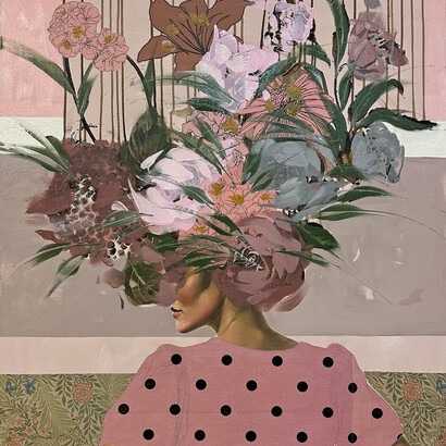 Anna Kincaide, "In A Barbie World" (detail), Oil + Mixed Media on Canvas, 48 x 36 inches. Courtesy of the artist and JoAnne Artman Gallery