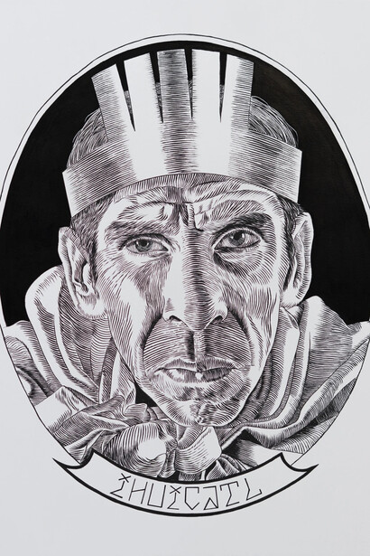 Abel Alejandre, Emperor Ihuicatl, chief negotiator of the 1949 Pacific Alliance with Asian Trade Block, 2025. Courtesy of Launch Gallery