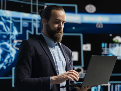 Tech entrepreneur developing an artificial intelligence brain system for advanced deep learning