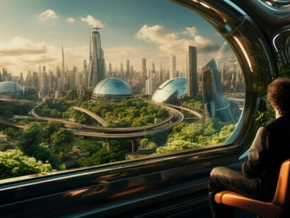 A person gazing at a futuristic, otherworldly sky that suggests an ambiguous future civilization