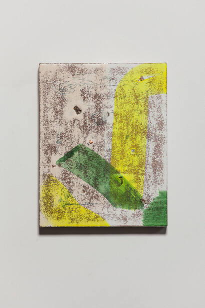 Anthony B. Creeden, Untitled, 2015, egg tempera, ink, gesso, cork, and tacks on linen, Photo credit: Brian Fitzsimmons