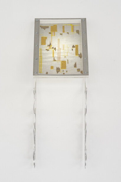 Xin Liu, Fortune Tellers: Energy, 2023, artist’s DNA data printed on rice paper, thread, acrylic, ink, aluminum, LED lights, latex, 24K gold, rose gold, and steel, 24 x 8½ x 7½ inches. Courtesy of the artist and Make Room, LA 