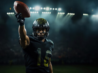 Football players, adorned in protective gear, prepare for the game on the field, showcasing the intensity and dedication inherent in American football.