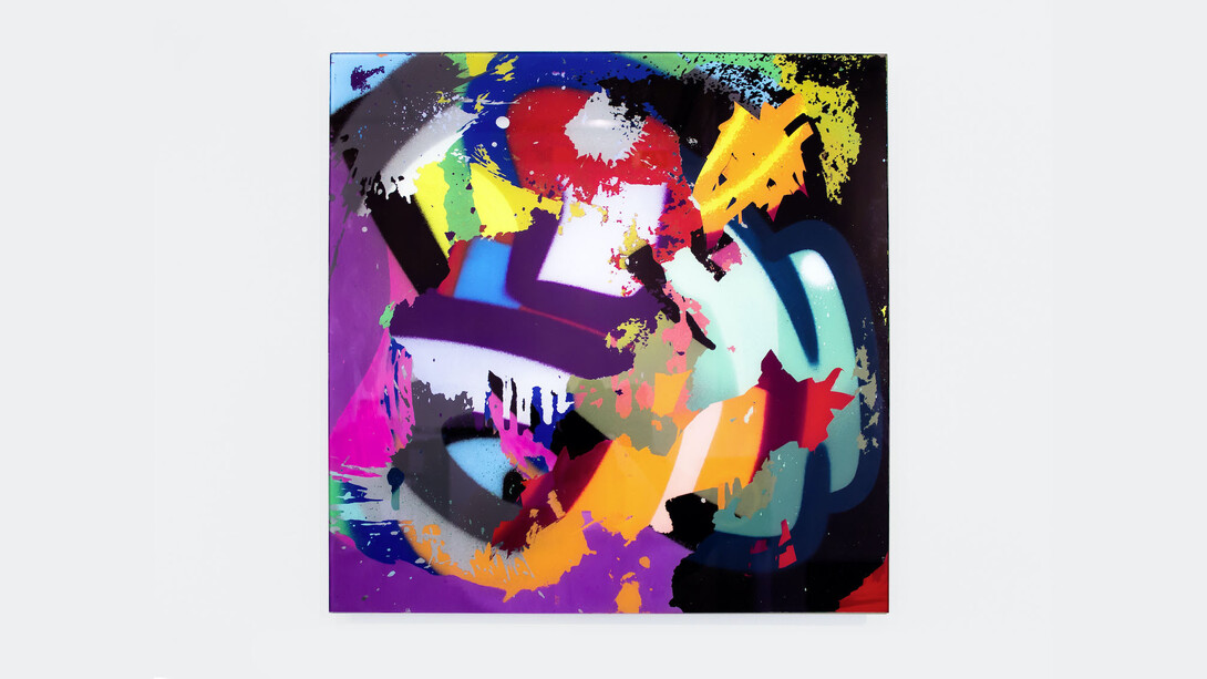 MOSES & TAPS™, Scratchiti XLII, 2019, 2019, Spray paint on museum glass, 50 x 50 cm