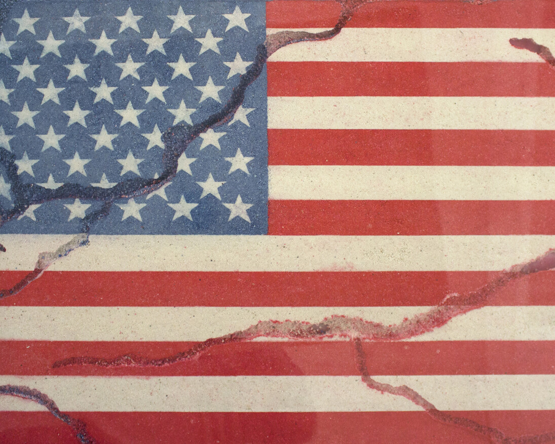 Yukinori Yanagi, Red, White, Blue (Series 6), 1996, ants, colored sand, plastic box, plastic tube, plastic pipe, 15 3/4 x 23 5/8 inches (40 x 60 cm). Courtesy of the artist and Peter Blum Gallery, New York
 