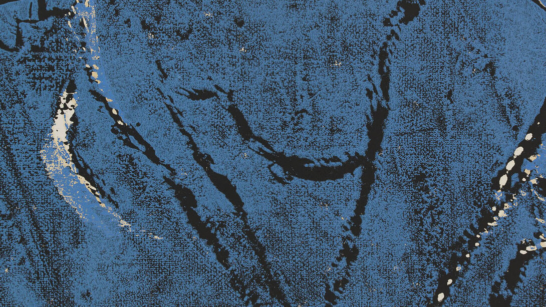 Georg Baselitz, Frau am Strand, 1981, Xylographie et linogravure en noir et bleu; offset apprêté, 800 x 603 mm. © Musées d’art et d’histoire, Ville de Genève, Cabinet d'arts graphiques. Photo: André Longchamp