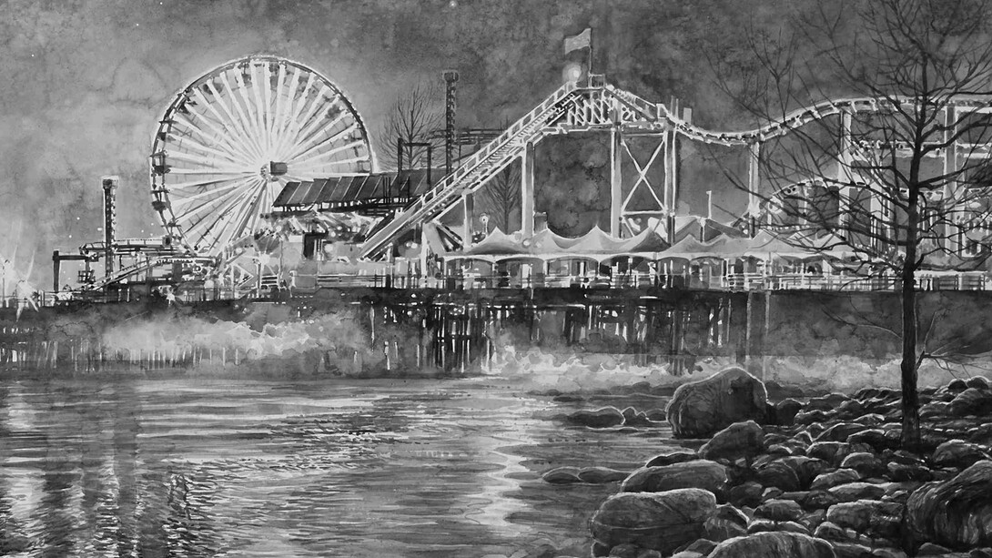 Hans Op de Beeck, ‘Amusement Park (3)’ - 2015, detail, Black and white watercolor on Arches paper in wooden frames, Aquarelle sur papier Arches encadrée, 302,8 x 118,8 x 4,4 cm (framed/encadrée), Photo Studio Hans Op de Beeck