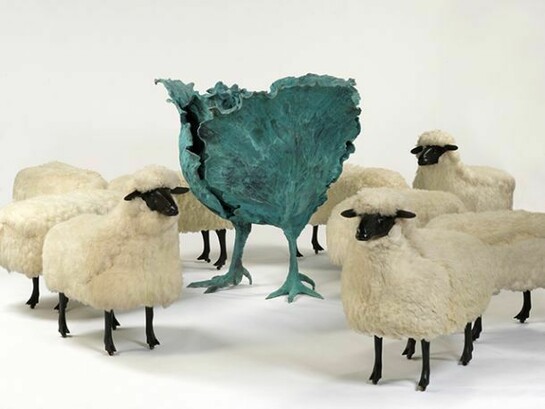 Claude Lalanne, Choupatte (Très Grand), 2007/2012, Bronze and copper, 122 x 123 x 123 cm. (48 1/8 x 48 3/8 x 48 3/8 in.), Edition of 8 + 4 AP; François-Xavier Lalanne, Moutons de Laine, 1965/1974, Wool, bronze and wood on wheels, Dimensions variable. Copyright the artist, Courtesy Ben Brown Fine Arts
