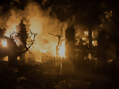 War fog sky background sets the scene for World War soldiers' silhouettes below a cloudy skyline at night, amidst a battle in a ruined city