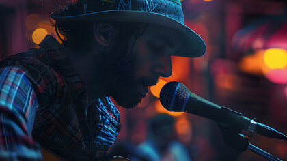 U cantautore canta una canzone davanti al microfono
