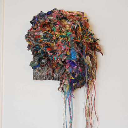 Adriana Rostovsky, The Blue House, Paper, Fabric, Oil Pastels on Canvas on Wood Support, 52 x 14 x 7, 2015. Courtesy of Elisa Contemporary Art