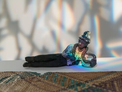 Maia Cruz Palileo, Diwata with Snake, 2023, ceramic, installation view. Courtesy of the artist and Monique Meloche Gallery