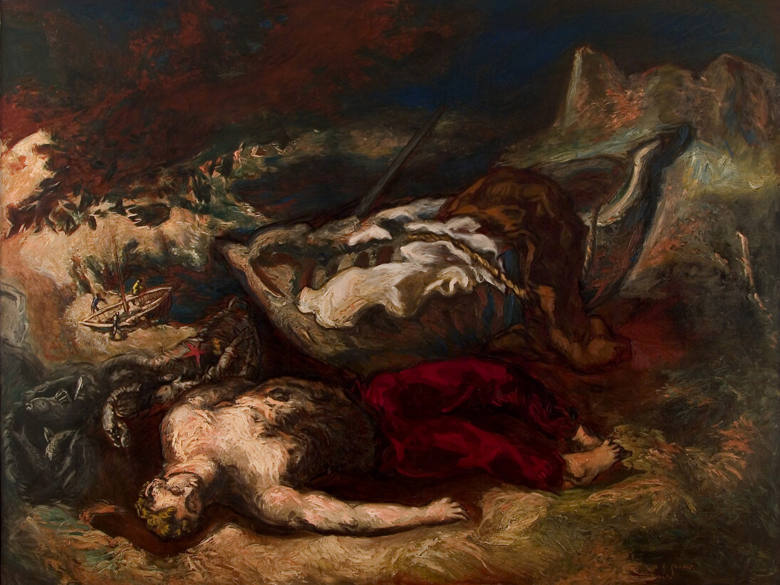 Gérard Garouste, La Barque, le Pêcheur et le Pantalon rouge,
1984, huile sur toile, 200 x 260 cm. Collection De Carbon.
© Courtesy Galerie Daniel Templon, Paris. Photo DR.
© Adagp Paris 2015