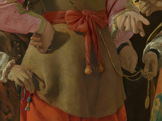 Detalle de La Buenaventura (c. 1630), donde Georges de La Tour captura el momento exacto en que un joven es sutilmente robado por un grupo de carteristas