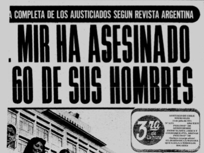 Portada del diario La Tercera, 23 de julio de 1975, con el titular “El MIR ha asesinado a 60 de sus hombres”