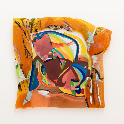 Marley Freeman and Jessica Jackson Hutchins,
Crush of the Rose 1, 2023,
fused glass, acrylic, and oil on linen,
23h x 25w x 2d in,
58.42h x 63.50w x 5.08d cm. Courtesy of the artist and Adams and Ollman Gallery