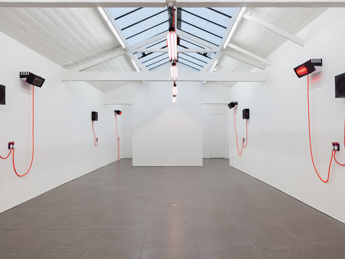 Natalie Dray, Cool Neutral, 2015, 5 Bladed Dynamic Aluminium Fan, Multifit Motor 3 core 1mm Flex, Rugged Plug Top, Powder Coated Steel + extended life, 1300rpm 10W / 50Hz Face-Lift Contactum V1, 2015 2 Gang Double Switched Socket, Aluminium, Brass, Steel, Powder Coat + 2 pole and thermoset + 25 year guarantee, replaceable 220-250V. Image courtesy the artist and Cell Project Space, London. Photo: Mariell Amélie