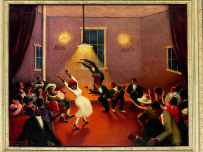 Archibald J. Motley Jr., Tongues (Holy Rollers), 1929. Oil on canvas, 29.25 x 36.125 inches (74.3 x 91.8 cm). Collection of Mara Motley, MD, and Valerie Gerrard Browne. Image courtesy of the Chicago History Museum, Chicago, Illinois. © Valerie Gerrard Browne