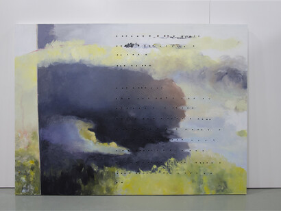 How to Compose a Poem, 2015, Oil
on canvas, 220 X 200, perforated with grommets
