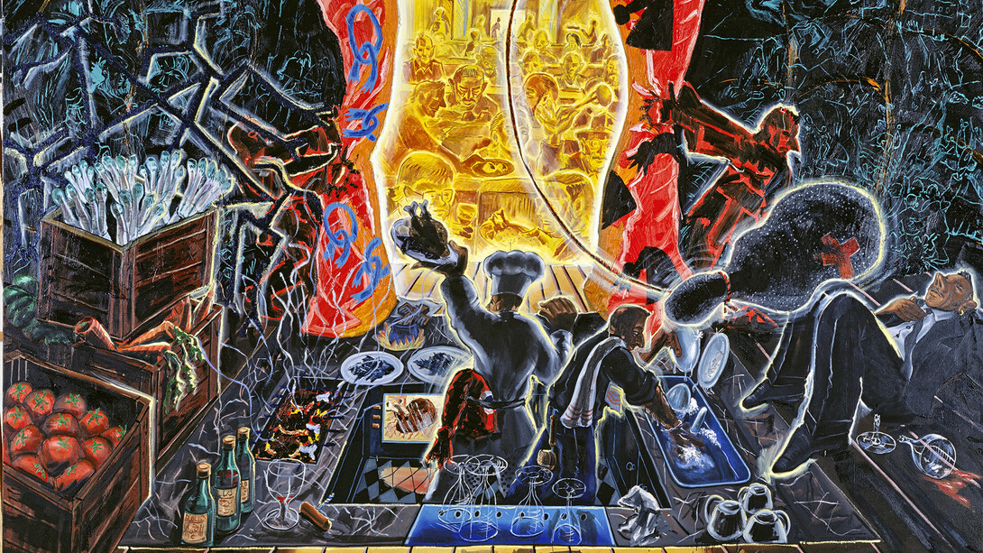 Jörg Immendorff, Das Bild muß die Funktion der Kartoffel übernehmen, 1988, Huile sur toile, 300 x 400 cm, Photo: inconnu – droits réservés © Collection privée