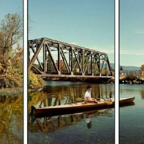 Rodney Graham, Paddler, Mouth of the Seymour, 2012-2013, Three painted aluminum lightboxes with transmounted chromogenic transparencies 119 5/8 x 71 5/8 inches each panel, 119 5/8 x 216 5/8 inches overall, edition of 4