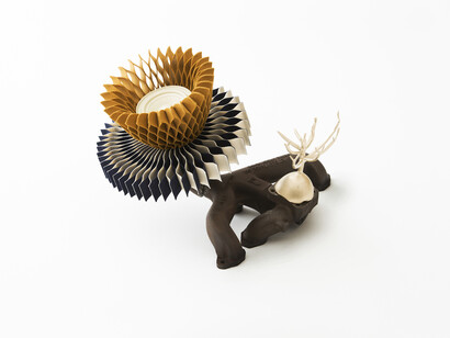 Keita Miyazaki, Money, 2014, Aluminum bronze, felt, exhaust pipe, speaker system, 32 x 41 x 40 cm