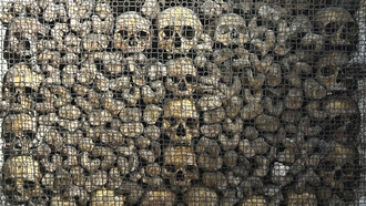 Embedded skull and bones details, Ossuary Chapel, Church of San Bernardino alle Ossa, Milan, Italy